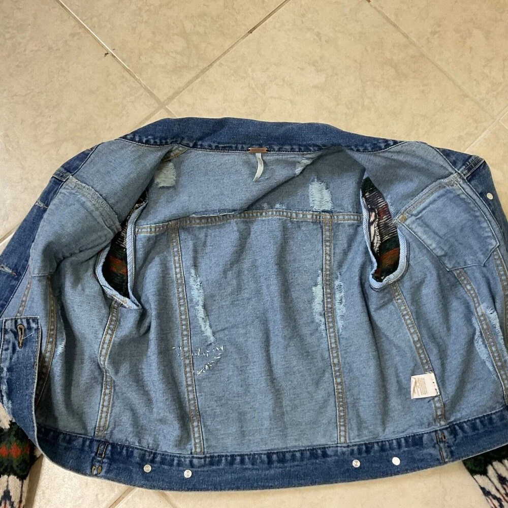 Free People Denim Jacket womens sz. XS Nordic wool Sweater Sleeves Distressed